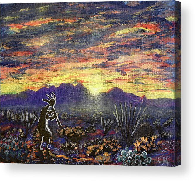 Kokopelli Acrylic Print featuring the painting Kokopelli and an Arizona Sunrise over the Santa Rita Mountains by Chance Kafka