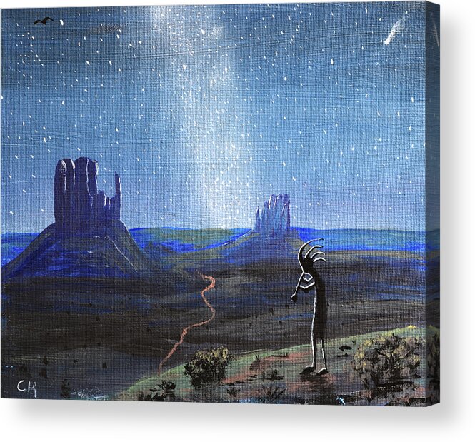 Kokopelli Acrylic Print featuring the painting Kokopelli and Milky Way Stars at Monument Valley by Chance Kafka