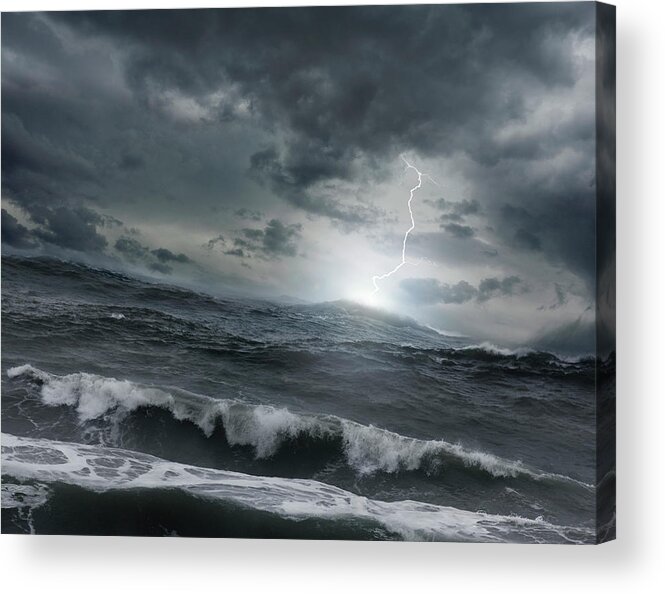 Problems Acrylic Print featuring the photograph Lightning Striking Ocean Water by John M Lund Photography Inc