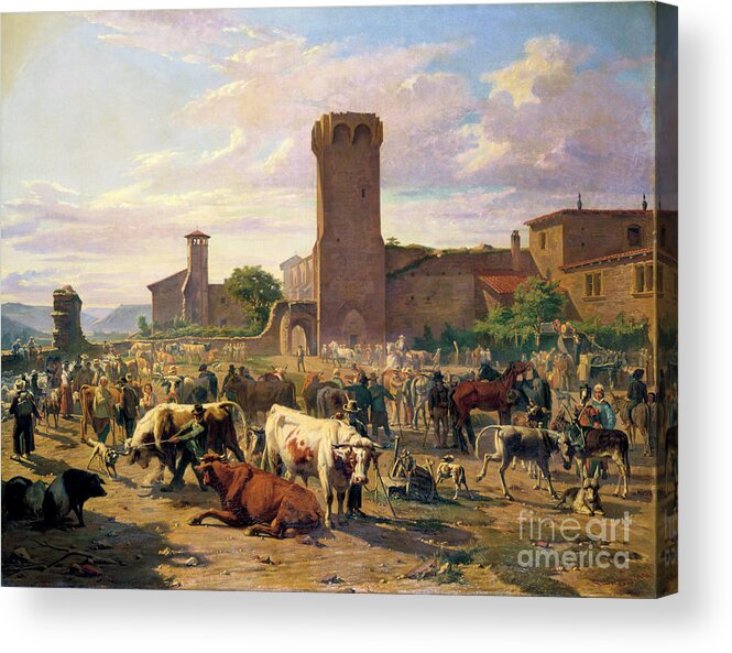 Trading Acrylic Print featuring the drawing Livestock Market In Larbresle, France by Print Collector