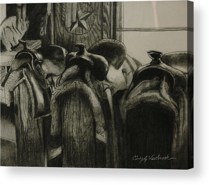 Saddle Acrylic Print featuring the drawing Long Day's Over by Cynthia Westbrook