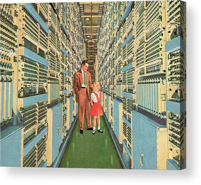 Adult Acrylic Print featuring the drawing Man and Girl Walking Through Aisle of Computers by CSA Images