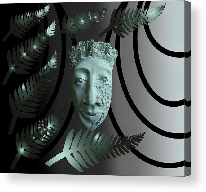 Mask The Maori Warrior Acrylic Print featuring the ceramic art Mask The Maori Warrior by Joan Stratton