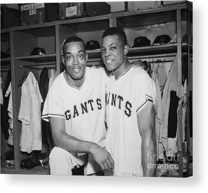 Second Inning Acrylic Print featuring the photograph Mays, Monte Irvin Embracing In Dressing by Bettmann