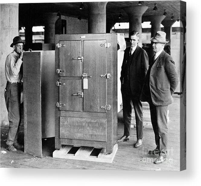 People Acrylic Print featuring the photograph Men With First Refrigerator by Bettmann
