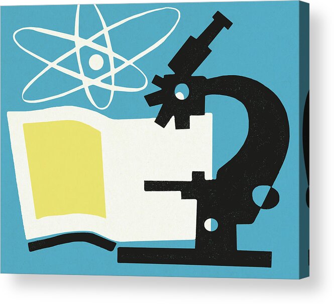 Atom Acrylic Print featuring the drawing Microscope and Textbook by CSA Images