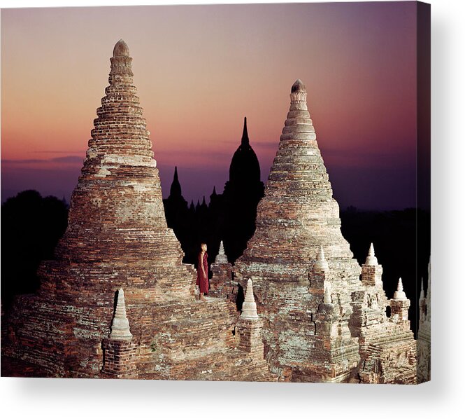 Child Acrylic Print featuring the photograph Myanmar, Bagan,buddhist Monk On Temple by Martin Puddy