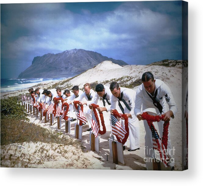 People Acrylic Print featuring the photograph Navy Men Placing Hawaiian Leis by Bettmann