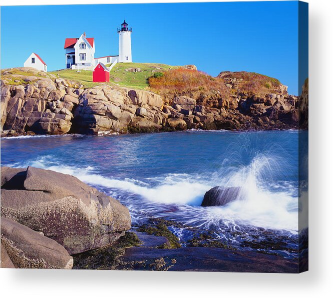 Water's Edge Acrylic Print featuring the photograph Nubble Lighthouse And Coastine Of Maine by Ron thomas
