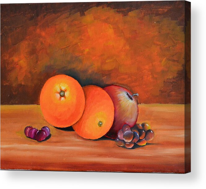This Still Life Of Fruit Was Done In Oil. I Enjoy Doing Still Life's Of Fruits And Other Objects. I Did An Impressionist Background Because I Want The Focus On The Still Life. The Oranges Acrylic Print featuring the painting Oranges and Apple by Martin Schmidt