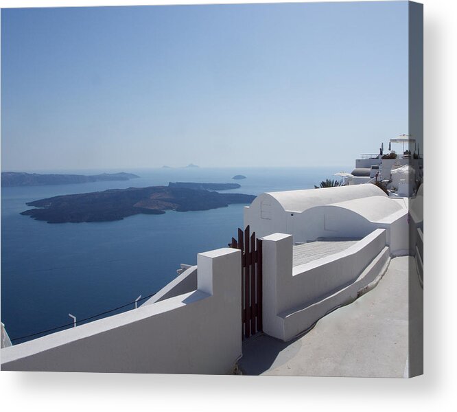 Balcony Acrylic Print featuring the photograph Overlooking the Sea in Santorini by L Bosco