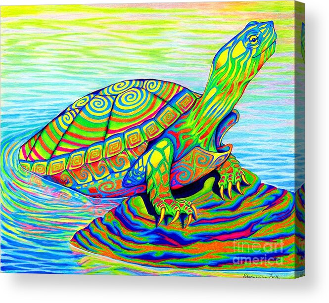 Turtle Acrylic Print featuring the drawing Psychedelic Neon Rainbow Painted Turtle by Rebecca Wang