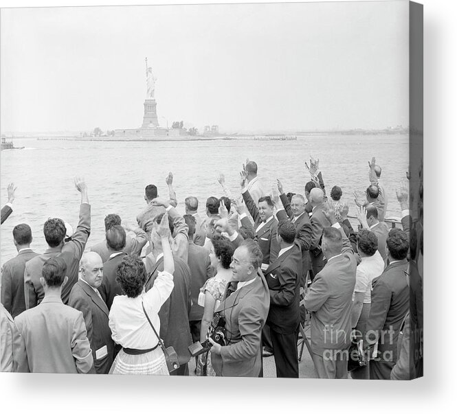 Mayor Acrylic Print featuring the photograph People Waving To The Statue Of Liberty by Bettmann