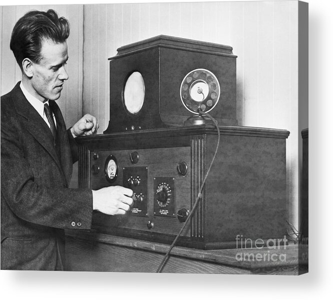 Adjusting Acrylic Print featuring the photograph Philo T. Farnsworth With His Television by Bettmann