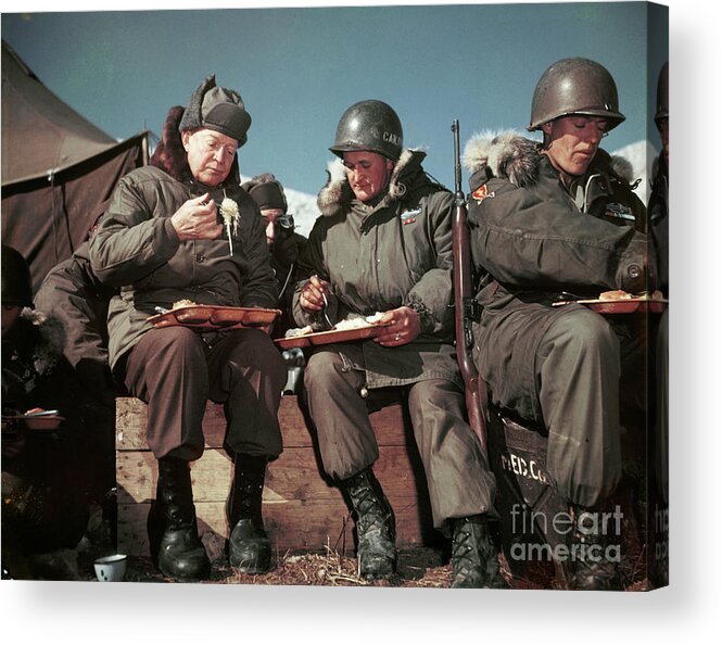 Rifle Acrylic Print featuring the photograph President Eisenhower Eats With Soldiers by Bettmann