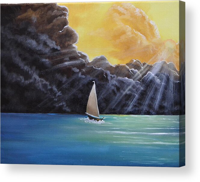 This Oil Painting Depicts A Sail Boat Racing To Get Home Before The Coming Storm. This Painting Is 11x14 Inches And Would Fit In Any Room. I Painted The Sky With Two Types Of Weather. First The Sunny Part With Bright Clouds And The Other Half With Dark Storm Clouds. The Ocean Is Still Calm Because The Storm Has Not Arrived Yet. I Put In The Sunbeams To Show The Coming Storm. I Put A Light Colored Ocean Near The Sailboat For A Reflection. I Feel The Sunbeams Draws Your Eye To The Boat. Acrylic Print featuring the painting Racing Home by Martin Schmidt