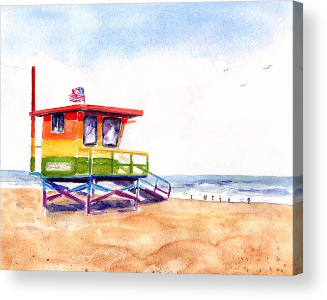 Rainbow Lifeguard Tower Acrylic Print featuring the painting Rainbow Lifeguard Tower by Carlin Blahnik CarlinArtWatercolor