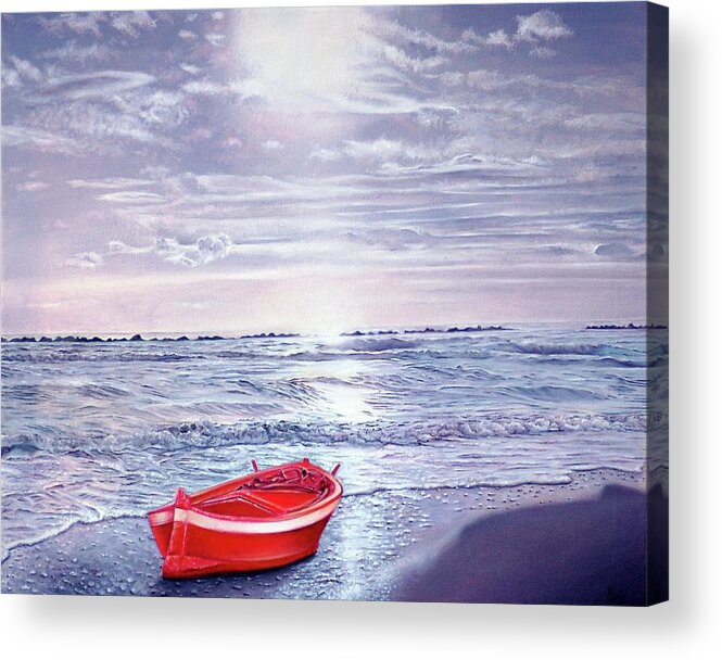 Lonely Boat In The Sea Acrylic Print featuring the painting Red Boat by Michelangelo Rossi
