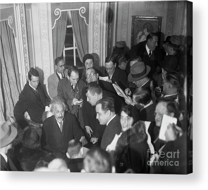 Physicist Acrylic Print featuring the photograph Reporters Surrounding Physicist Albert by Bettmann