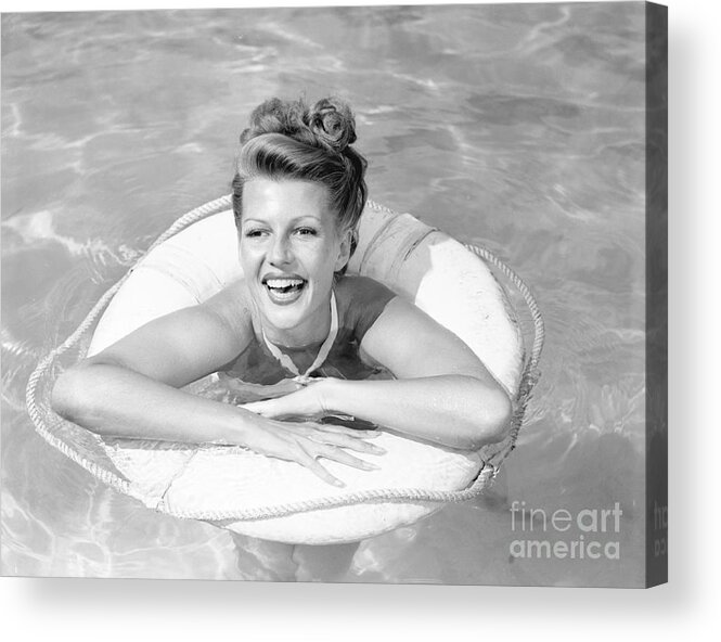 People Acrylic Print featuring the photograph Rita Hayworth Posing In Swimming Pool by Bettmann