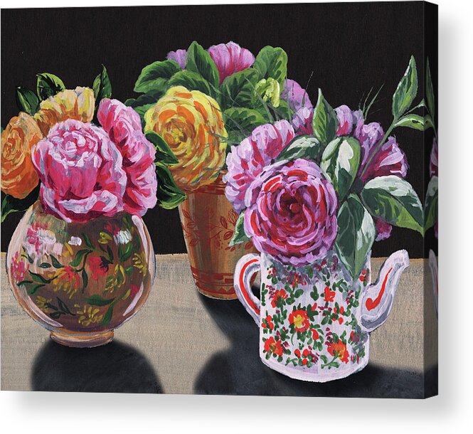 Vases Acrylic Print featuring the painting Roses In Three Vases Floral Impressionism by Irina Sztukowski