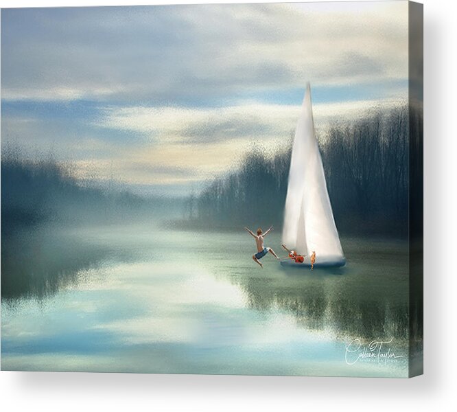 Sailing Boats Acrylic Print featuring the mixed media Sailing Down the River by Colleen Taylor