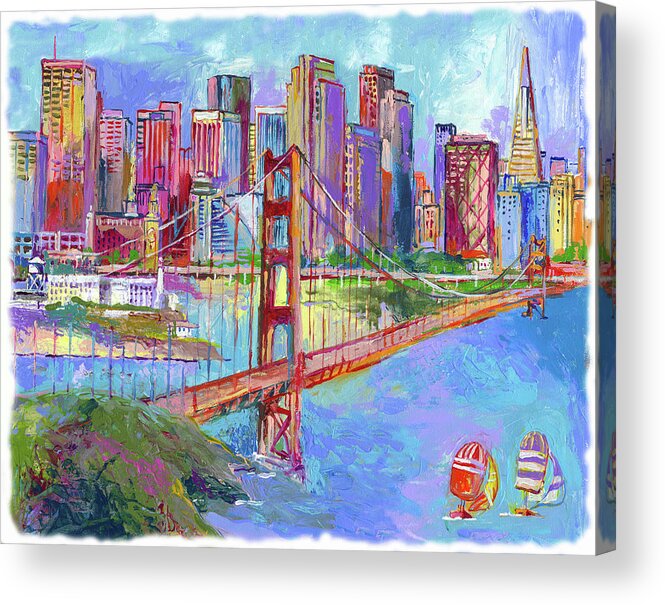 Two Small Sailboats Sailing By The Golden Gate Bridge. San Fransisco In Background Acrylic Print featuring the painting Sanft~1 by Richard Wallich