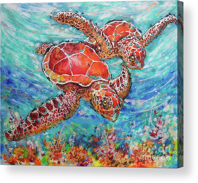 Marine Turtles Acrylic Print featuring the painting Sea Turtles on Coral Reef by Jyotika Shroff