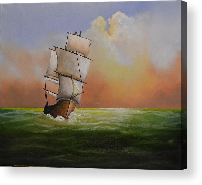 This Is An Oil Painting Of A Sailing Ship On The Ocean. The Ocean Is Calm With Small Waves Breaking On The Ship's Hull. The Sun Is Attempting To Break Out Of The Clouds. The Sun Light Is Being Reflected Off Of The Waves. The Ship Has Most Of It's Sails Opened Up For The Wind.i Created Some Low Hanging Clouds On The Horizon. The Ship Is Made Of Wood And I Detailed The Hull To Expose The Wooden Planks. This Sailing Ship Is From The 1800's. The Painting Is A Great Gift. Acrylic Print featuring the painting Setting Sail by Martin Schmidt