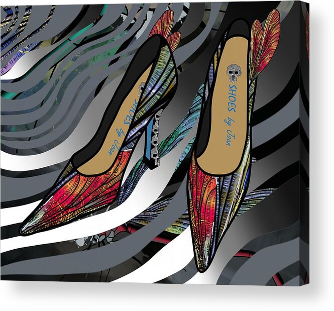 Fashion Acrylic Print featuring the drawing Shoes by Joan - Dragon Fly Wing Pumps by Joan Stratton