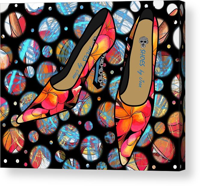 Fashion Acrylic Print featuring the digital art Shoes by Joan - Frangipani Pattern Pumps by Joan Stratton