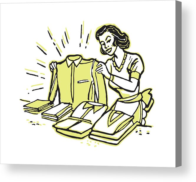 Apparel Acrylic Print featuring the drawing Smiling Woman Folding Laundry by CSA Images