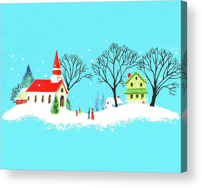 Blue Background Acrylic Print featuring the drawing Snowy Village Church Scene by CSA Images
