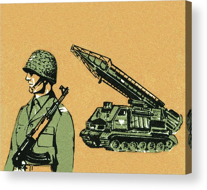 Adult Acrylic Print featuring the drawing Soldier and tank by CSA Images