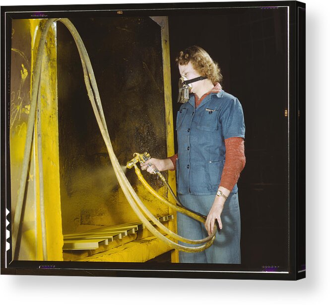 Yellow Acrylic Print featuring the painting Spraying Parts for Tanks by Hollem, Howard R. .