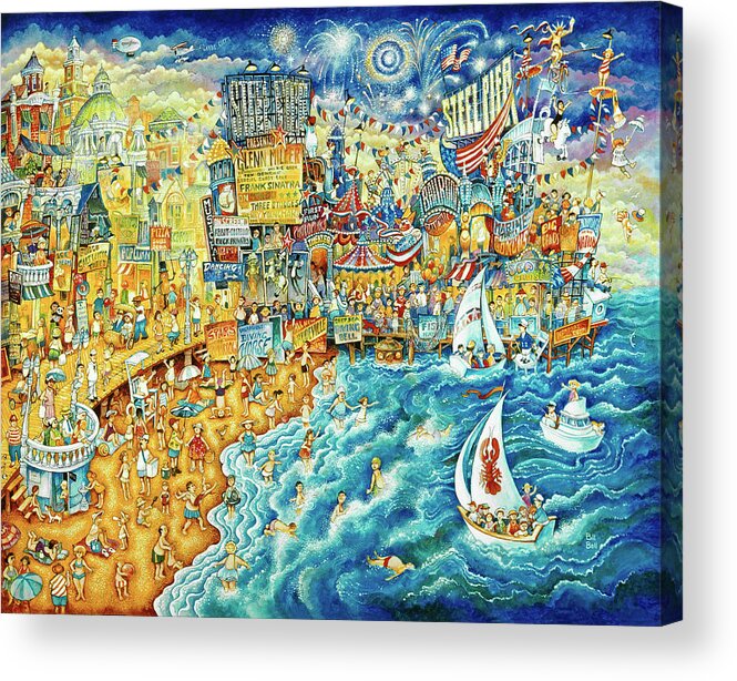 Steel Pier Night And Day Acrylic Print featuring the painting Steel Pier Night And Day by Bill Bell