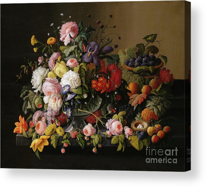 Oil Painting Acrylic Print featuring the drawing Still Life Flowers And Fruit by Heritage Images