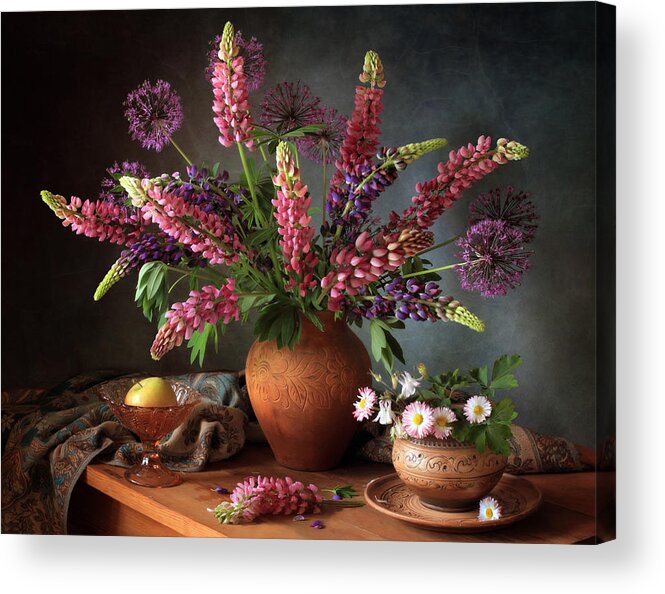 Still-life Acrylic Print featuring the photograph Still Life With A Bouquet Of Lupine by Tatyana Skorokhod (??????? ????????)