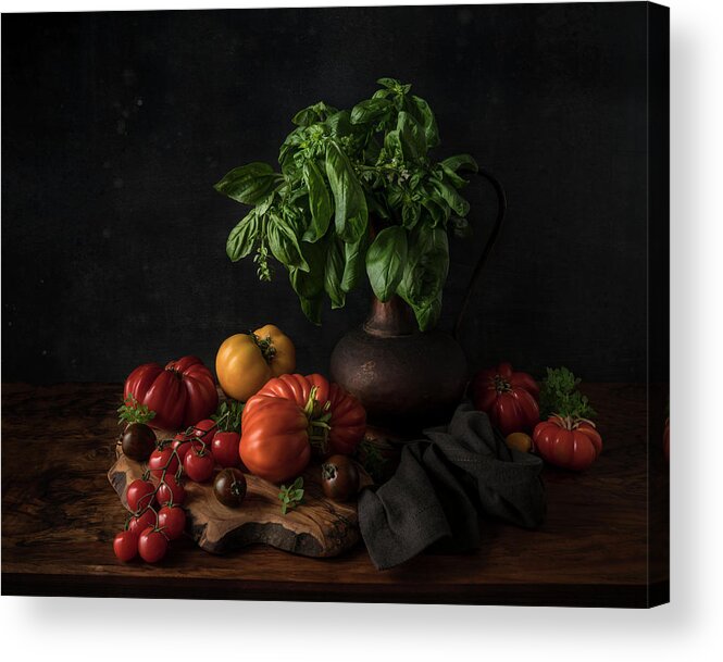 Still Life Acrylic Print featuring the photograph Still Life With Tomatoes And Basil by Diana Popescu