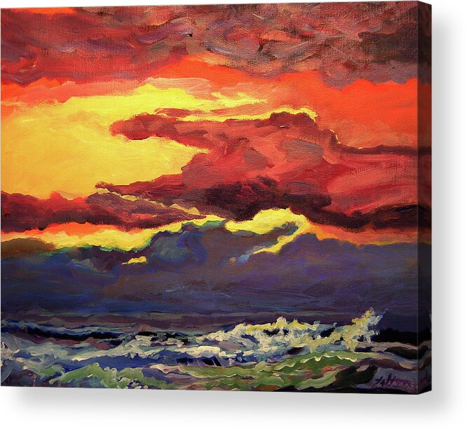 Original Seascape Paintings Acrylic Print featuring the painting Sunrise at the jetty 6-23-15 by Julianne Felton