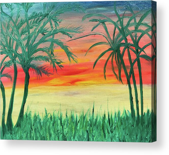 Sunset Acrylic Print featuring the painting Sunset with Palm Trees #2 by Susan Grunin