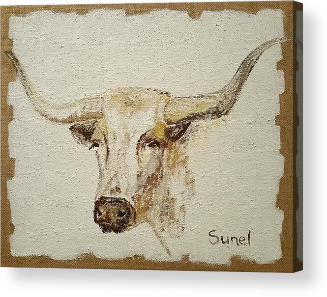 Texas Acrylic Print featuring the painting Texas Longhorn Cow by Sunel De Lange