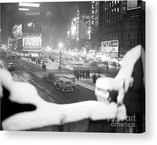 1930-1939 Acrylic Print featuring the photograph Times Square During A Snowstorm by New York Daily News Archive