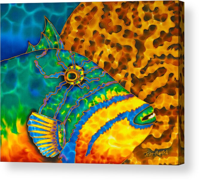 Diving Acrylic Print featuring the painting Triggerfish and Brain Coral by Daniel Jean-Baptiste