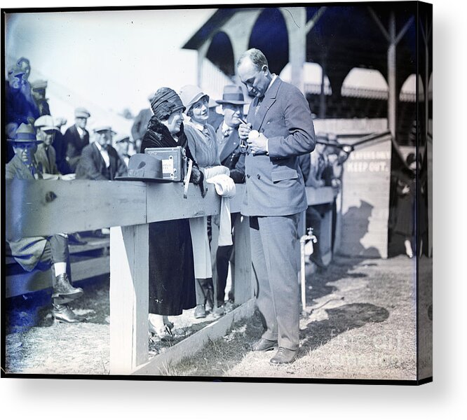 The End Acrylic Print featuring the photograph Ty Cobb Signing Ball For Woman by Bettmann