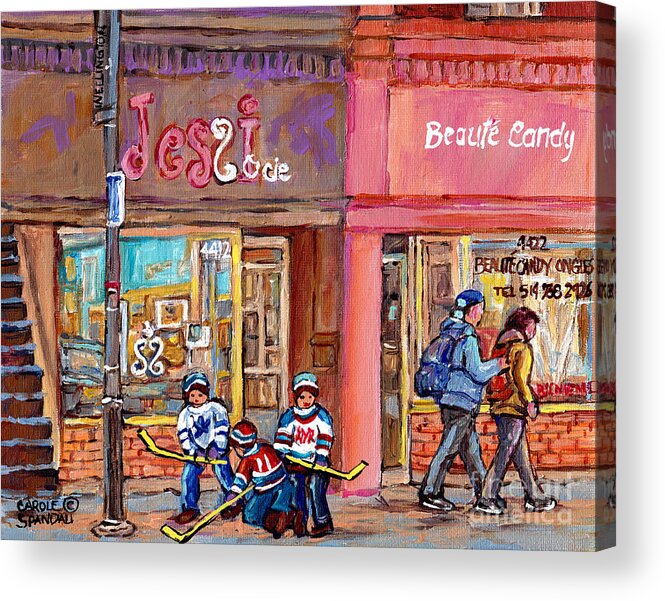 Montreal Acrylic Print featuring the painting Verdun Montreal Storefront Painting Jessie Et Cie Beaute Candy Nail Shop Hockey Artist C Spandau Art by Carole Spandau