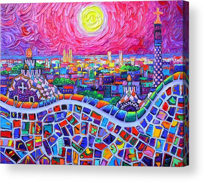 Barcelona Acrylic Print featuring the painting VIBRANT BARCELONA NIGHT VIEW FROM PARK GUELL modern impressionism knife painting Ana Maria Edulescu by Ana Maria Edulescu