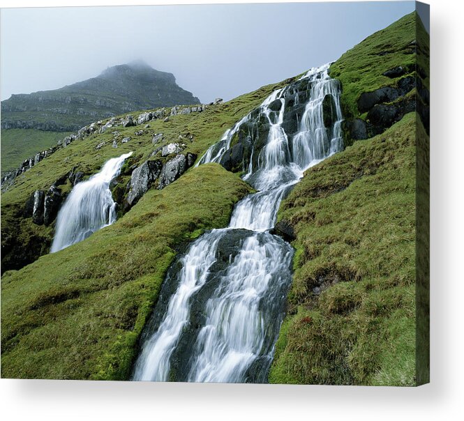 Scenics Acrylic Print featuring the photograph Waterfall On Mountain, Eysturoy, Faroe by Roine Magnusson