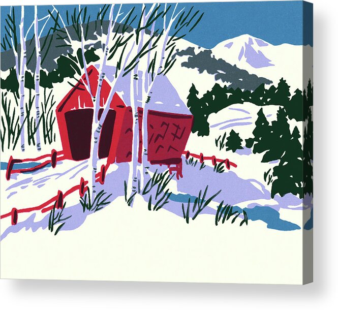 Across Acrylic Print featuring the drawing Winter Scene of a Covered Bridge by CSA Images