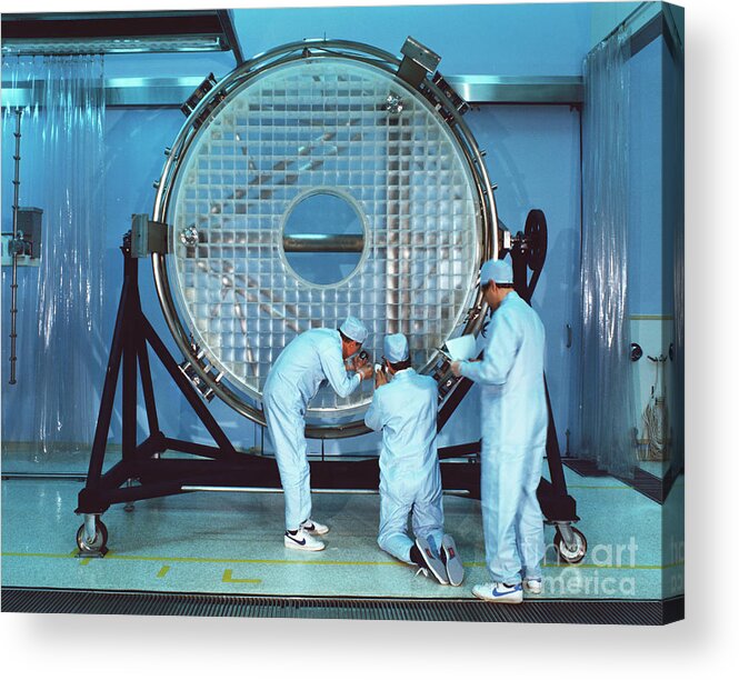 People Acrylic Print featuring the photograph Workers Polishing Hubble Telescope by Bettmann